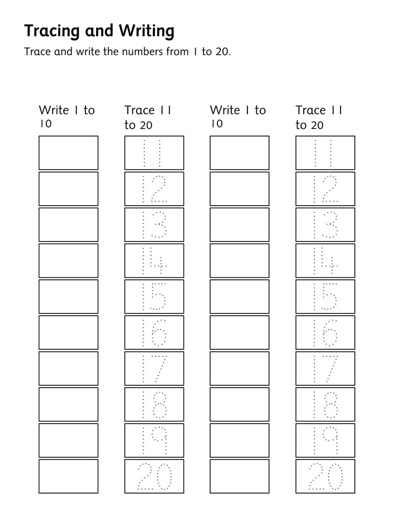 Pu&ograve; includere: Un foglio di esercizi educativo in bianco e nero intitolato Tracing and Writing con istruzioni per tracciare e scrivere i numeri da 1 a 20. La pagina presenta quattro colonne verticali di caselle rettangolari vuote e contorni di numeri tratteggiati.
