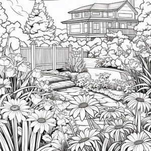 以下が含まれることがあります： 手前に大きなデイジーの花が並ぶ庭の小道を描いた、白黒の塗り絵用イラスト。背景には木製のフェンス、茂った低木、煙突のある多層階の家が見える。