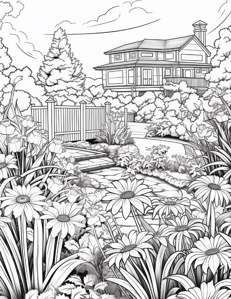 以下が含まれることがあります： 手前に大きなデイジーの花が並ぶ庭の小道を描いた、白黒の塗り絵用イラスト。背景には木製のフェンス、茂った低木、煙突のある多層階の家が見える。