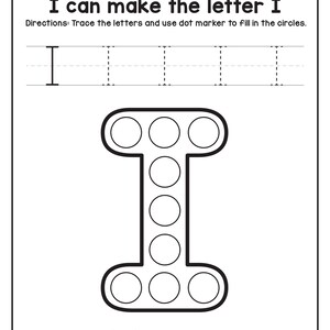 A black and white tracing and dot marker worksheet for the letter I featuring an iguana outline filled with circles.