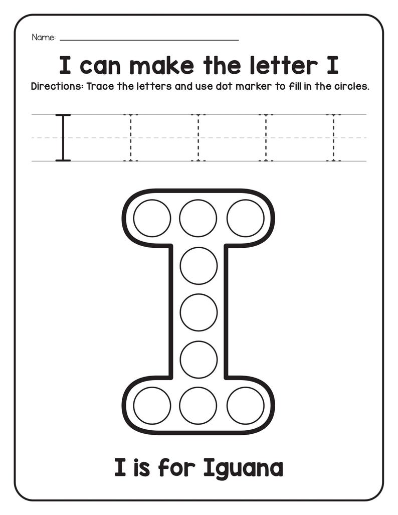 A black and white tracing and dot marker worksheet for the letter I featuring an iguana outline filled with circles.