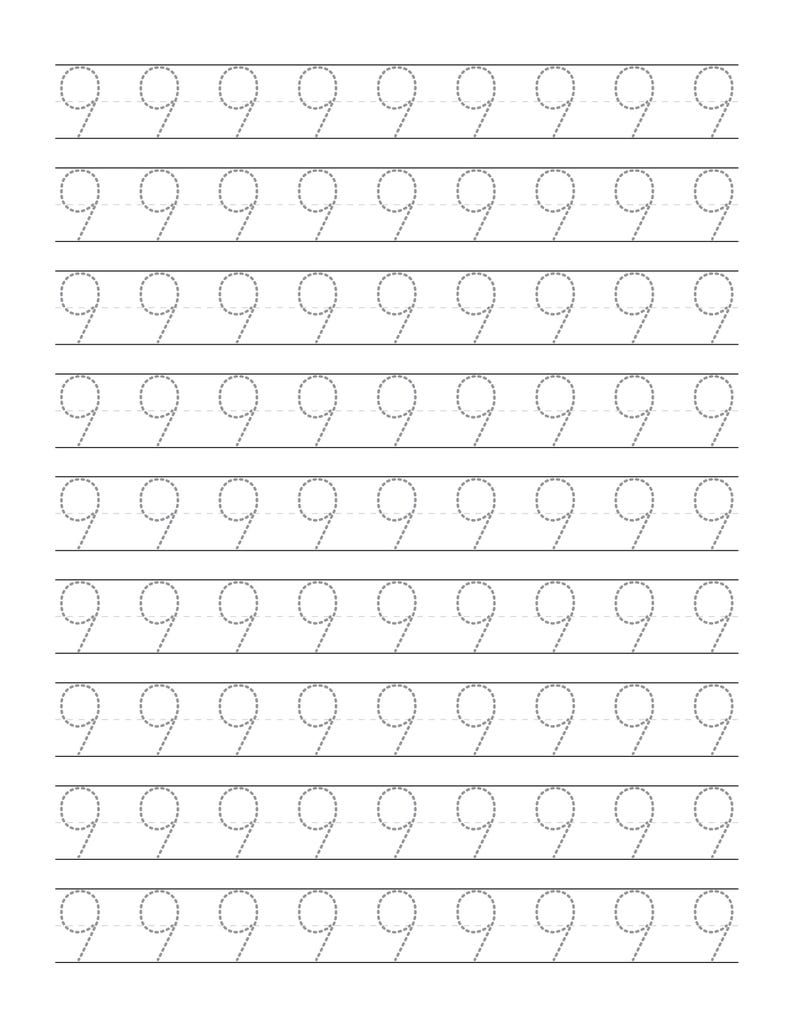 May include: A white educational worksheet featuring nine rows of the number nine written in a grey dashed font. Each row contains seven instances of the number nine, positioned between two solid horizontal black lines for handwriting practice.