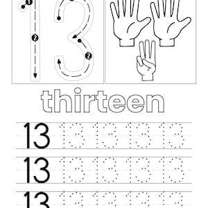 May include: A black and white educational worksheet featuring the number 13 with directional arrows for tracing, two full hands and one hand showing three fingers, the word thirteen, and three rows of the number 13 for handwriting practice.