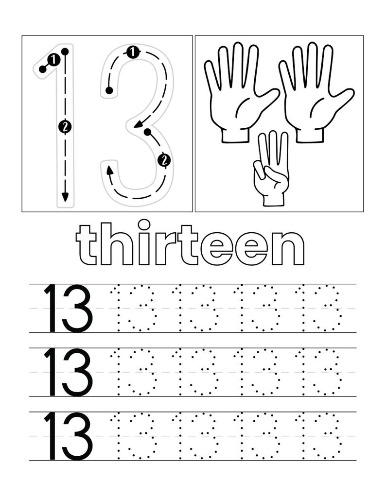 May include: A black and white educational worksheet featuring the number 13 with directional arrows for tracing, two full hands and one hand showing three fingers, the word thirteen, and three rows of the number 13 for handwriting practice.
