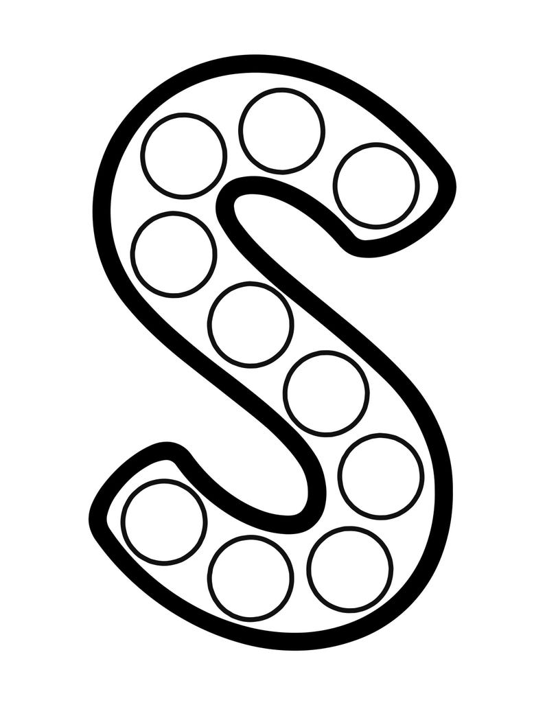 Black and white outline of the uppercase letter S filled with circular dot marker spaces.