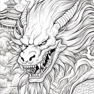 May include: A black and white line art illustration featuring a detailed dragon head with sharp teeth, horns, and flowing mane. In the background, a multi-tiered pagoda structure sits among stylized clouds and rocky mountain formations.