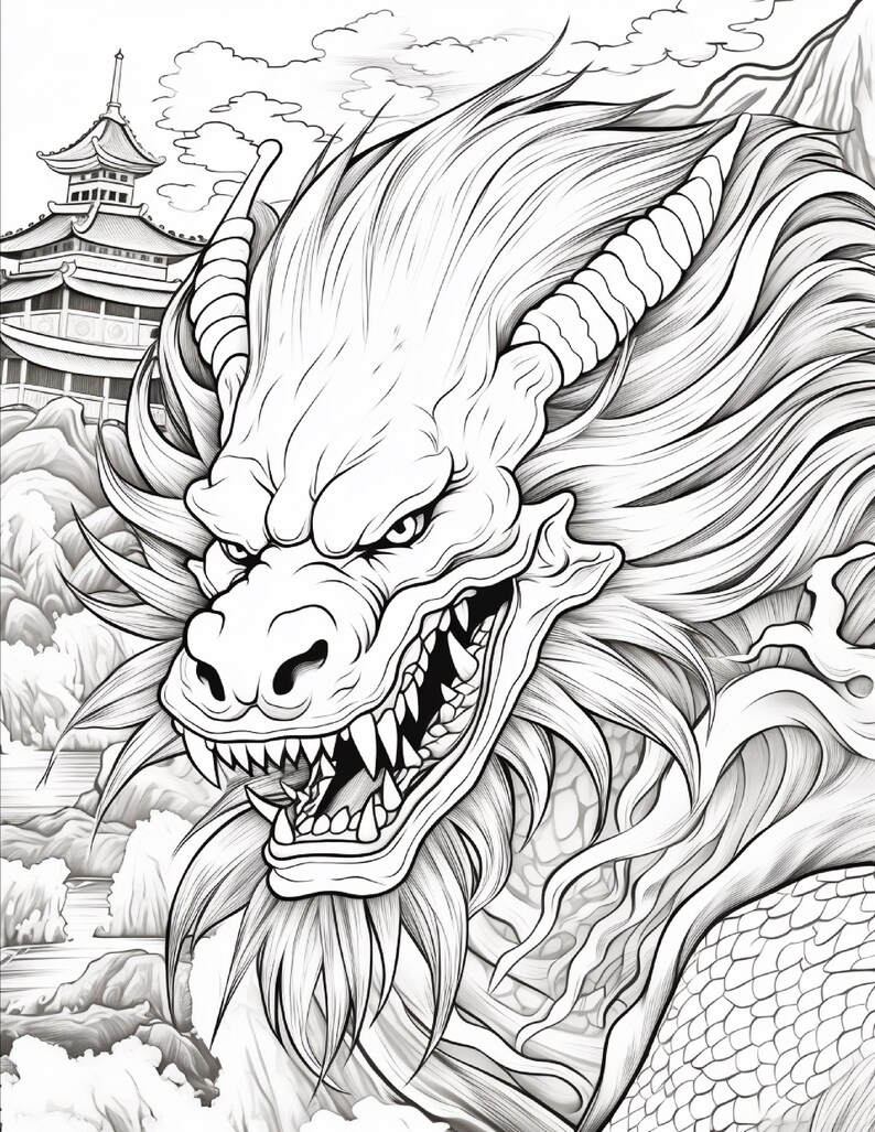 May include: A black and white line art illustration featuring a detailed dragon head with sharp teeth, horns, and flowing mane. In the background, a multi-tiered pagoda structure sits among stylized clouds and rocky mountain formations.