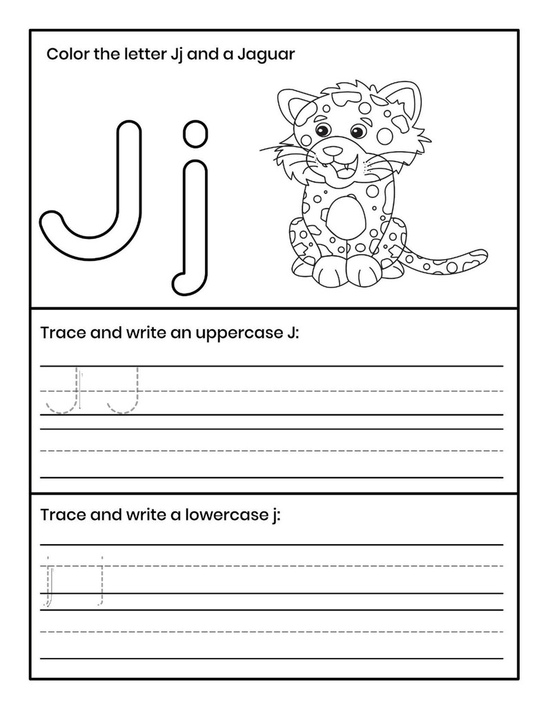 Pu&ograve; includere: Una scheda didattica in bianco e nero con il testo Color the letter Jj and a Jaguar, un'illustrazione di un giaguaro e la lettera Jj. Sotto ci sono sezioni per tracciare e scrivere una J maiuscola e una j minuscola su delle righe.