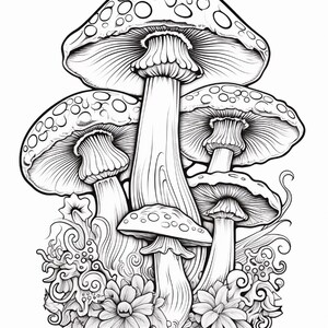 May include: A black and white line art illustration featuring a cluster of five mushrooms of varying sizes. The mushroom caps are decorated with circular spots, and the stems are smooth. The base is surrounded by detailed floral and swirling patterns.