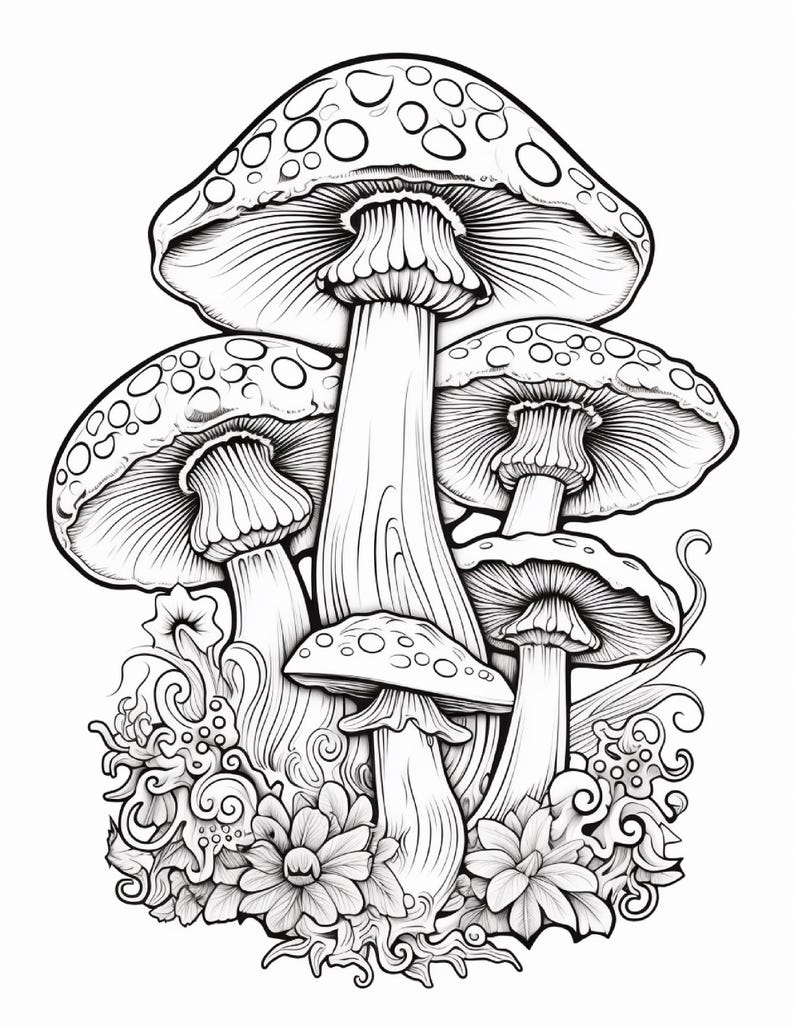 May include: A black and white line art illustration featuring a cluster of five mushrooms of varying sizes. The mushroom caps are decorated with circular spots, and the stems are smooth. The base is surrounded by detailed floral and swirling patterns.