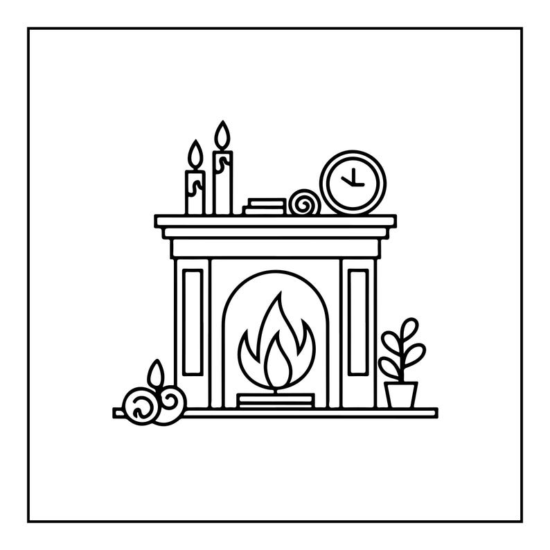 May include: A black and white line art illustration of a fireplace with a fire burning inside. The mantel holds two candles, a small stack of books, a rolled item, and a round clock. A potted plant and two circular decorative items sit at the base.