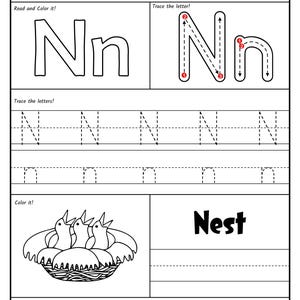 A black-and-white alphabet worksheet for the letter N featuring stroke order guides, uppercase and lowercase tracing lines, a coloring picture of baby birds in a nest, and a letter recognition activity at the bottom.