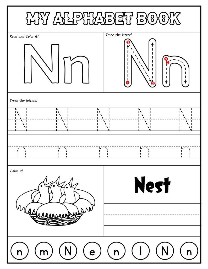 A black-and-white alphabet worksheet for the letter N featuring stroke order guides, uppercase and lowercase tracing lines, a coloring picture of baby birds in a nest, and a letter recognition activity at the bottom.