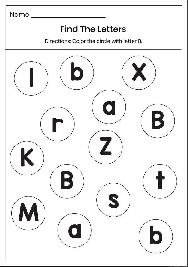 May include: A black and white educational worksheet titled Find The Letters with the instruction Color the circle with letter B. The page features a grid of circles containing various uppercase and lowercase letters including I, b, X, r, a, B, K, Z, M, S, t, and a.