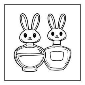 A line drawing of two perfume bottles shaped like bunnies.
