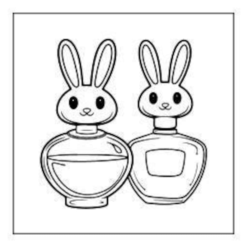 A line drawing of two perfume bottles shaped like bunnies.