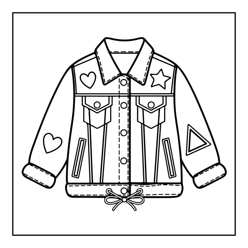 Puede incluir: Una ilustraci&oacute;n de l&iacute;neas en blanco y negro de una chaqueta tipo vaquera con cuello, cierre de botones, dos bolsillos en el pecho y dos bolsillos laterales. La chaqueta est&aacute; decorada con un coraz&oacute;n, una estrella y un tri&aacute;ngulo, con un dobladillo.