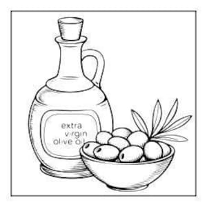 A line drawing of a bottle of "extra virgin olive oil" next to a bowl of olives with a leafy branch.