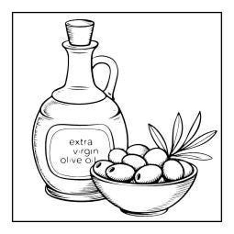 A line drawing of a bottle of "extra virgin olive oil" next to a bowl of olives with a leafy branch.