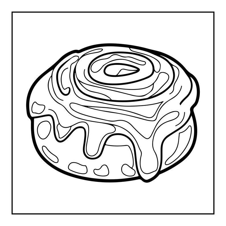 Pu&ograve; includere: Un'illustrazione in bianco e nero a tratto di un singolo rotolo alla cannella. Il dolce presenta un centro a spirale con spesse colature simili a glassa che scendono lungo i lati, delineato con contorni netti per una pagina da colorare.