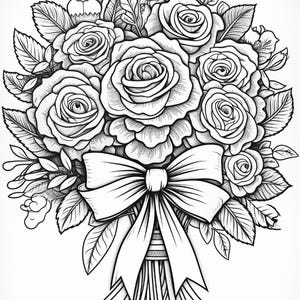 A coloring page of a bouquet of roses and leaves tied with a large bow.