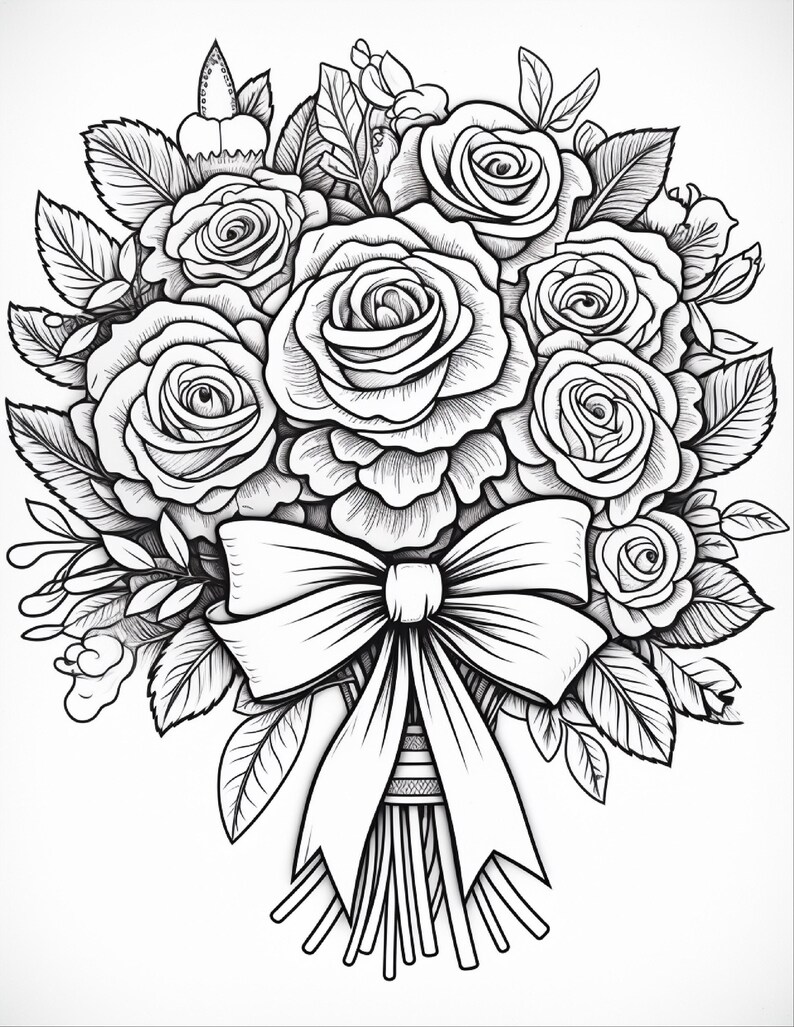 A coloring page of a bouquet of roses and leaves tied with a large bow.