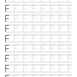 May include: A white educational worksheet featuring nine horizontal rows of the uppercase letter F. Each row begins with a solid black letter F followed by five dashed-line versions of the letter F designed for handwriting practice.