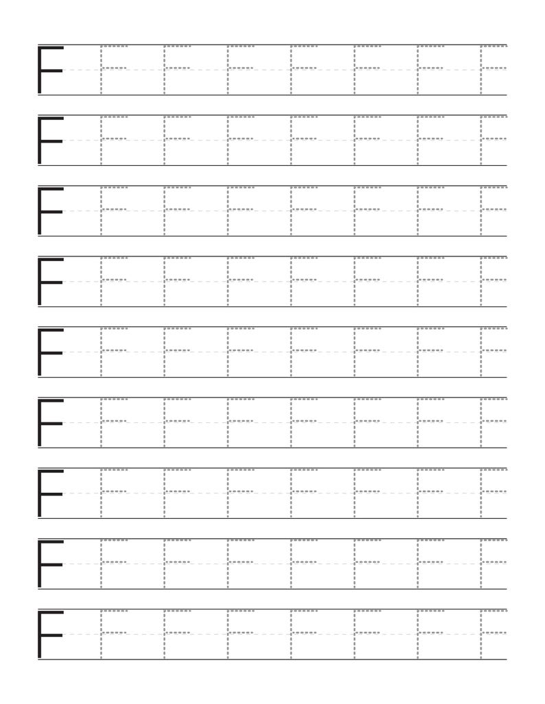 May include: A white educational worksheet featuring nine horizontal rows of the uppercase letter F. Each row begins with a solid black letter F followed by five dashed-line versions of the letter F designed for handwriting practice.