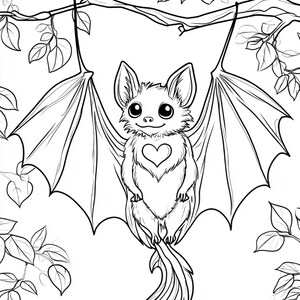 Puede incluir: Una p&aacute;gina para colorear en blanco y negro que muestra un peque&ntilde;o murci&eacute;lago con ojos grandes colgado de una rama de &aacute;rbol. El murci&eacute;lago tiene una forma de coraz&oacute;n en el pecho y sus alas est&aacute;n extendidas. El entorno incluye hojas y ramas.
