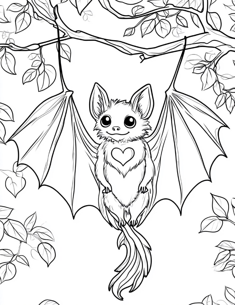 Puede incluir: Una p&aacute;gina para colorear en blanco y negro que muestra un peque&ntilde;o murci&eacute;lago con ojos grandes colgado de una rama de &aacute;rbol. El murci&eacute;lago tiene una forma de coraz&oacute;n en el pecho y sus alas est&aacute;n extendidas. El entorno incluye hojas y ramas.