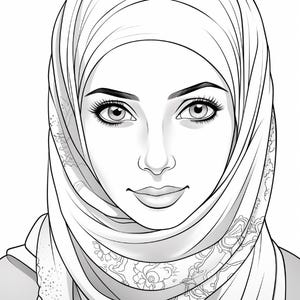 K&ouml;nnte beinhalten: Eine schwarz-wei&szlig;e Strichzeichnung eines Gesichts mit Hijab. Die Kopfbedeckung weist ein detailliertes Blumenmuster entlang des Randes auf, das Augen, Augenbrauen, Nase und Lippen einrahmt. Die Zeichnung verwendet Schattierungen f&uuml;r die Gesichtsz&uuml;ge.