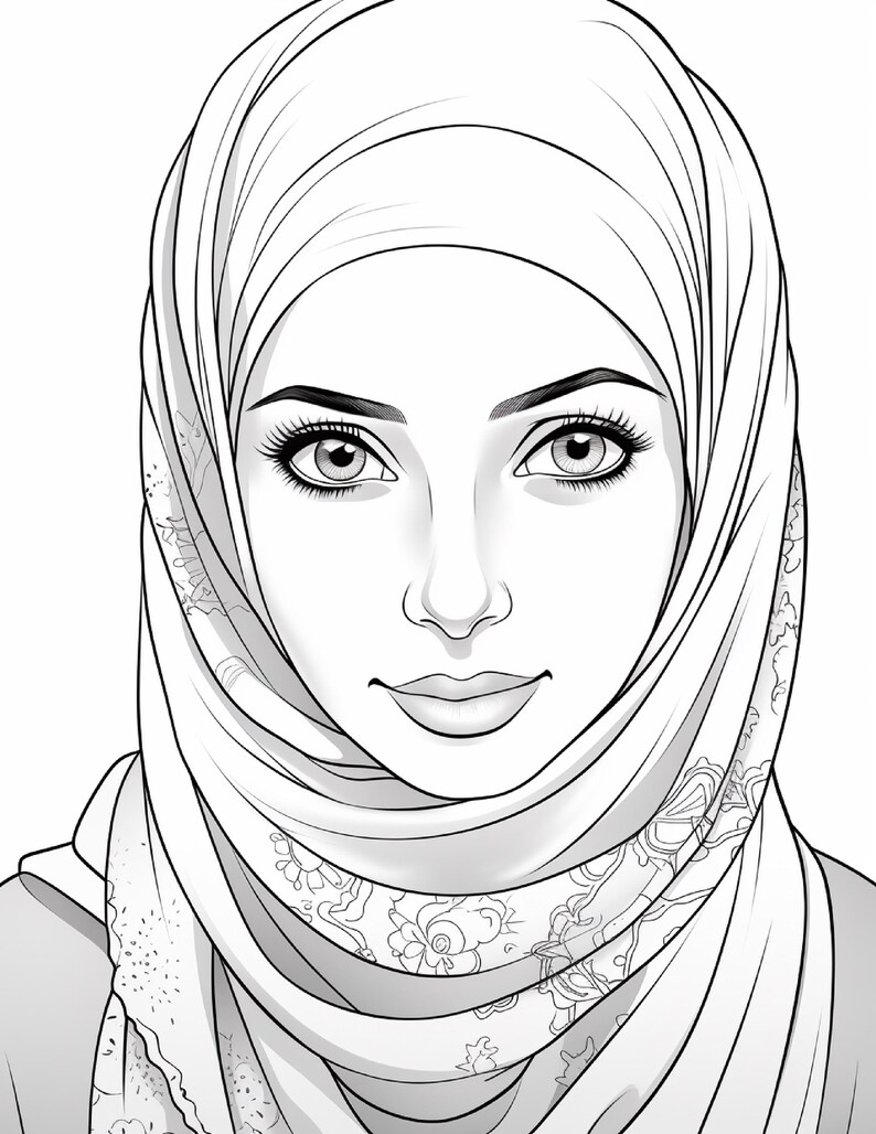 K&ouml;nnte beinhalten: Eine schwarz-wei&szlig;e Strichzeichnung eines Gesichts mit Hijab. Die Kopfbedeckung weist ein detailliertes Blumenmuster entlang des Randes auf, das Augen, Augenbrauen, Nase und Lippen einrahmt. Die Zeichnung verwendet Schattierungen f&uuml;r die Gesichtsz&uuml;ge.