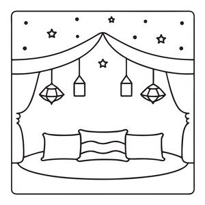 K&ouml;nnte beinhalten: Eine schwarz-wei&szlig;e Strichzeichnung, die ein Bett mit drei rechteckigen Kissen, drapierten Vorh&auml;ngen auf beiden Seiten und vier von oben herabh&auml;ngenden Laternen zeigt. Die Szene ist mit kleinen Sternen und Punkten verziert.