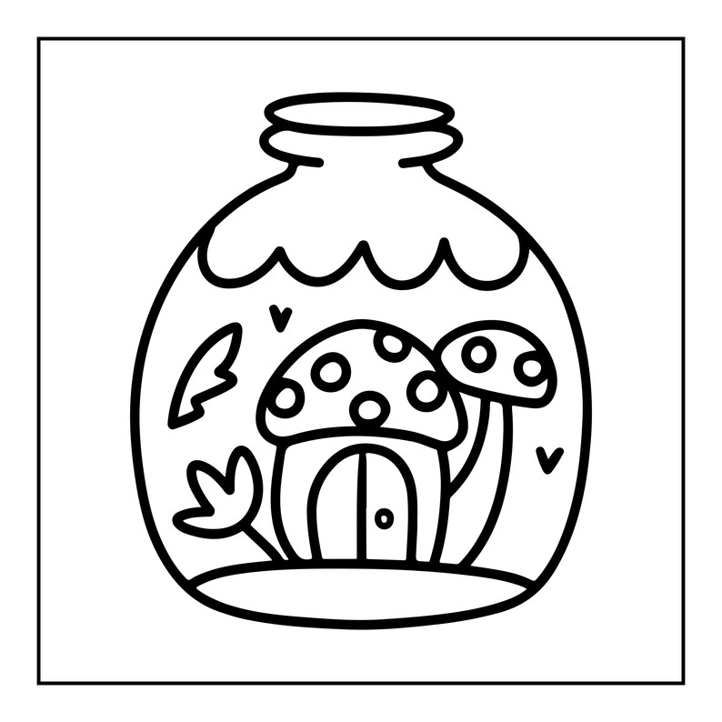 May include: A black and white line art illustration of a glass jar containing a mushroom-shaped house and a smaller mushroom. The jar has a scalloped top edge, and the interior features a small door on the mushroom house and two small leaves.