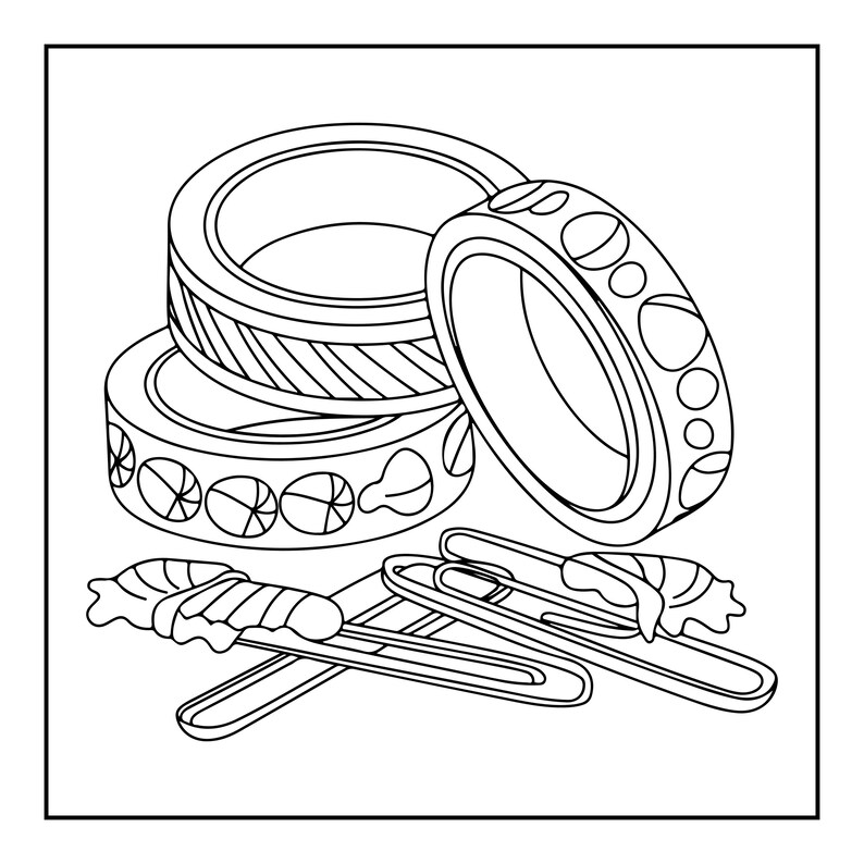 May include: A black and white line art illustration featuring three stacked rolls of decorative tape and two paper clips. One roll displays a diagonal striped pattern, while the other two rolls feature circular and organic shapes along their edges.