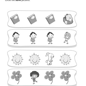 Pu&ograve; includere: Una scheda didattica in bianco e nero intitolata Same and Different con l'istruzione Circle the same pictures. Presenta quattro righe di illustrazioni a tratto che includono libri, uno zaino, bambini, soli, un coniglio, una persona e fiori.