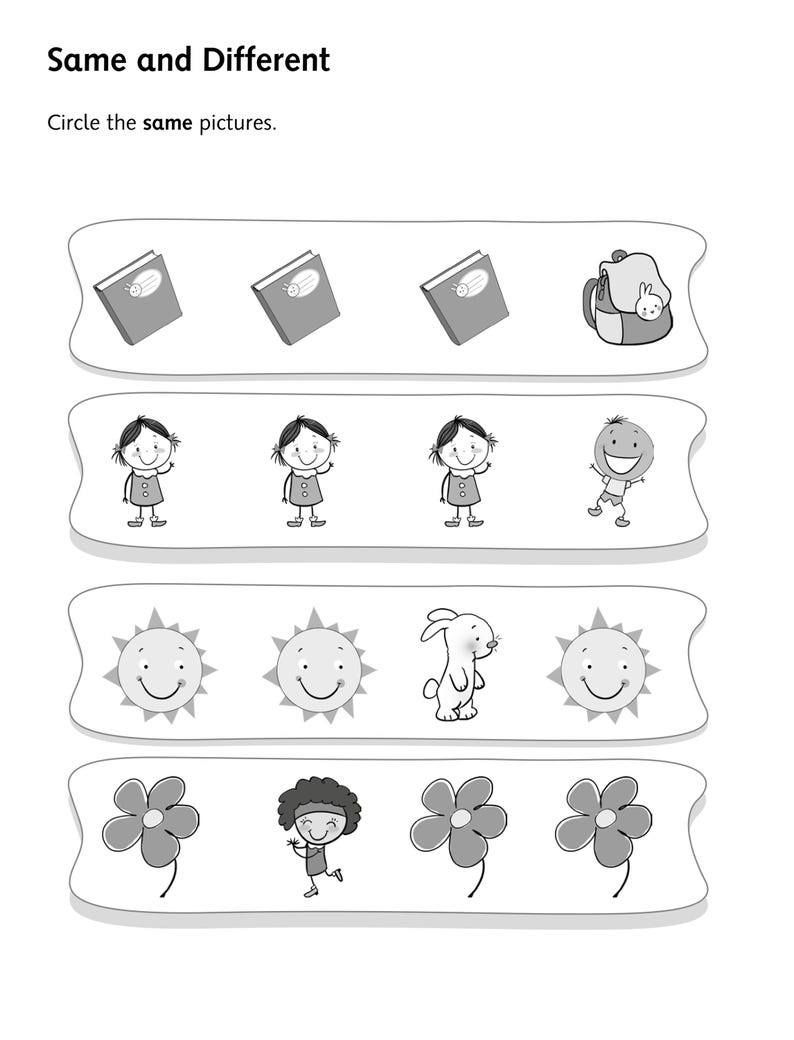 Pu&ograve; includere: Una scheda didattica in bianco e nero intitolata Same and Different con l'istruzione Circle the same pictures. Presenta quattro righe di illustrazioni a tratto che includono libri, uno zaino, bambini, soli, un coniglio, una persona e fiori.