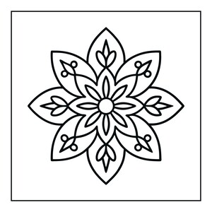 Pu&ograve; includere: Un'illustrazione in bianco e nero a tratto di un disegno mandala floreale simmetrico. Il grafico presenta un cerchio centrale circondato da otto petali appuntiti, ognuno contenente forme a foglia e sottili linee curve con puntini.