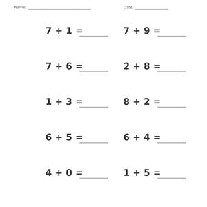 May include: A white educational worksheet titled Addition &bull; Single Digit with a gray header. It features ten single-digit addition problems arranged in two columns, with blank lines for Name and Date at the top and Page 10 of 100 at the bottom.