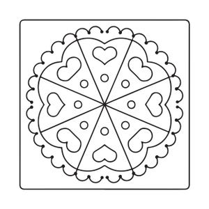 May include: A black and white line art illustration of a circular mandala design enclosed within a square frame. The pattern features eight symmetrical triangular segments, each containing a heart shape and a small circle, surrounded by a scalloped border.