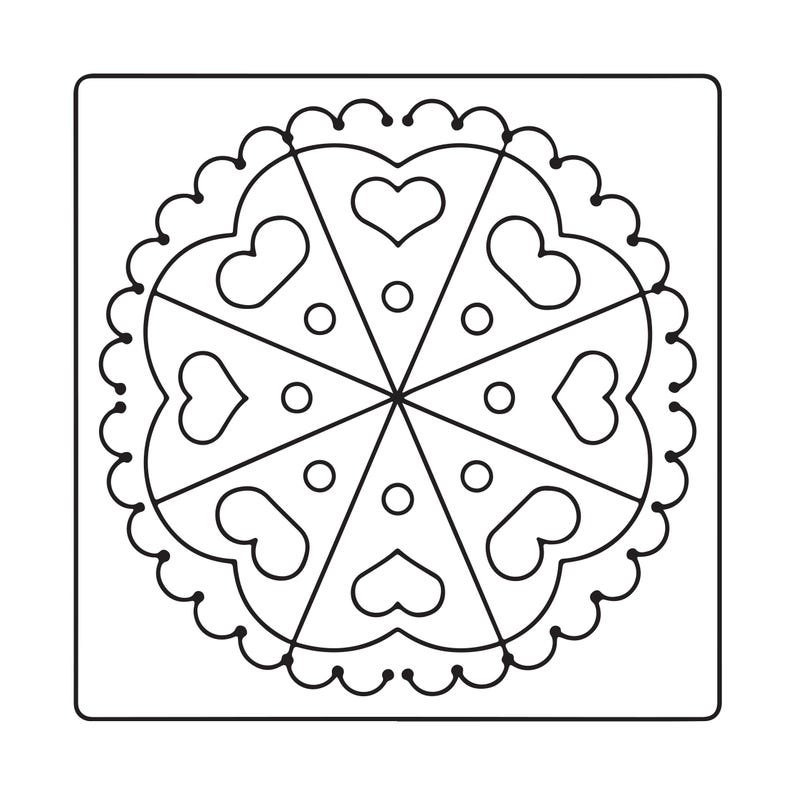 May include: A black and white line art illustration of a circular mandala design enclosed within a square frame. The pattern features eight symmetrical triangular segments, each containing a heart shape and a small circle, surrounded by a scalloped border.