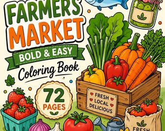 Farmers Market Coloring Book, Bold Easy Pages, Fruits Vegetables (PDF Download)