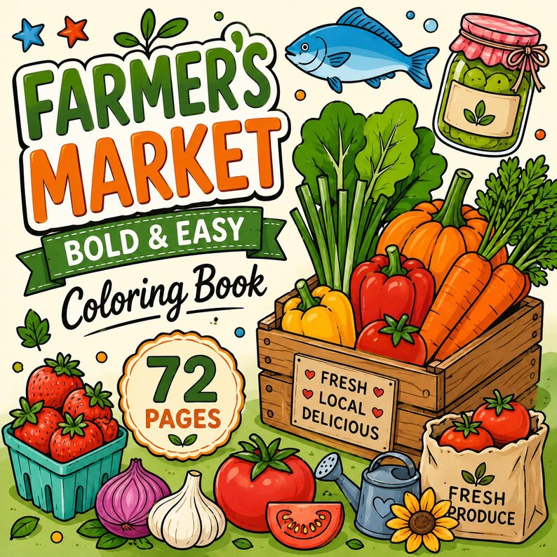 May include: A Farmer's Market Bold & Easy Coloring Book cover featuring 72 pages. The illustration includes a wooden crate of vegetables, a blue basket of strawberries, a jar of pickles, a fish, an onion, garlic, and a bag labeled Fresh Produce.