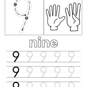 May include: A black and white educational worksheet featuring the number nine. It includes a directional guide for writing the digit, an illustration of two hands showing nine fingers, the word nine, and three rows of dotted lines for tracing.