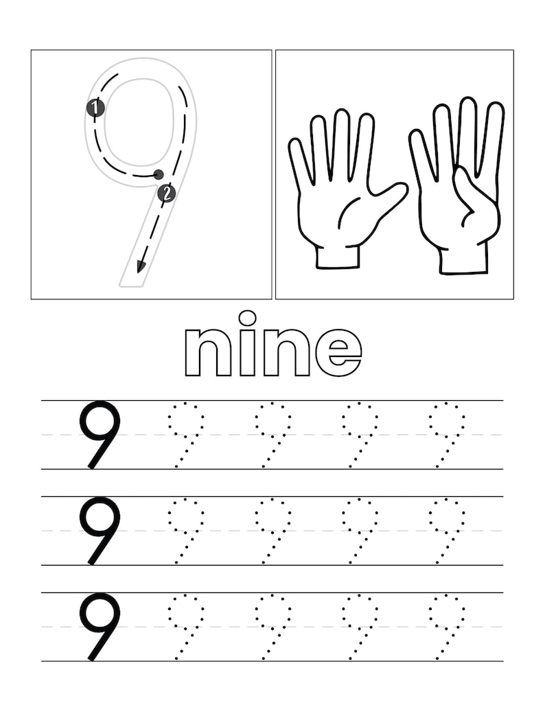 May include: A black and white educational worksheet featuring the number nine. It includes a directional guide for writing the digit, an illustration of two hands showing nine fingers, the word nine, and three rows of dotted lines for tracing.