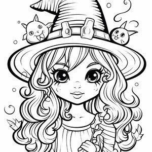 May include: A black and white line art illustration of a character with long wavy hair wearing a wide-brimmed pointed hat. Two small creatures are perched on the hat brim. The character has large eyes and is holding a leaf in one hand.