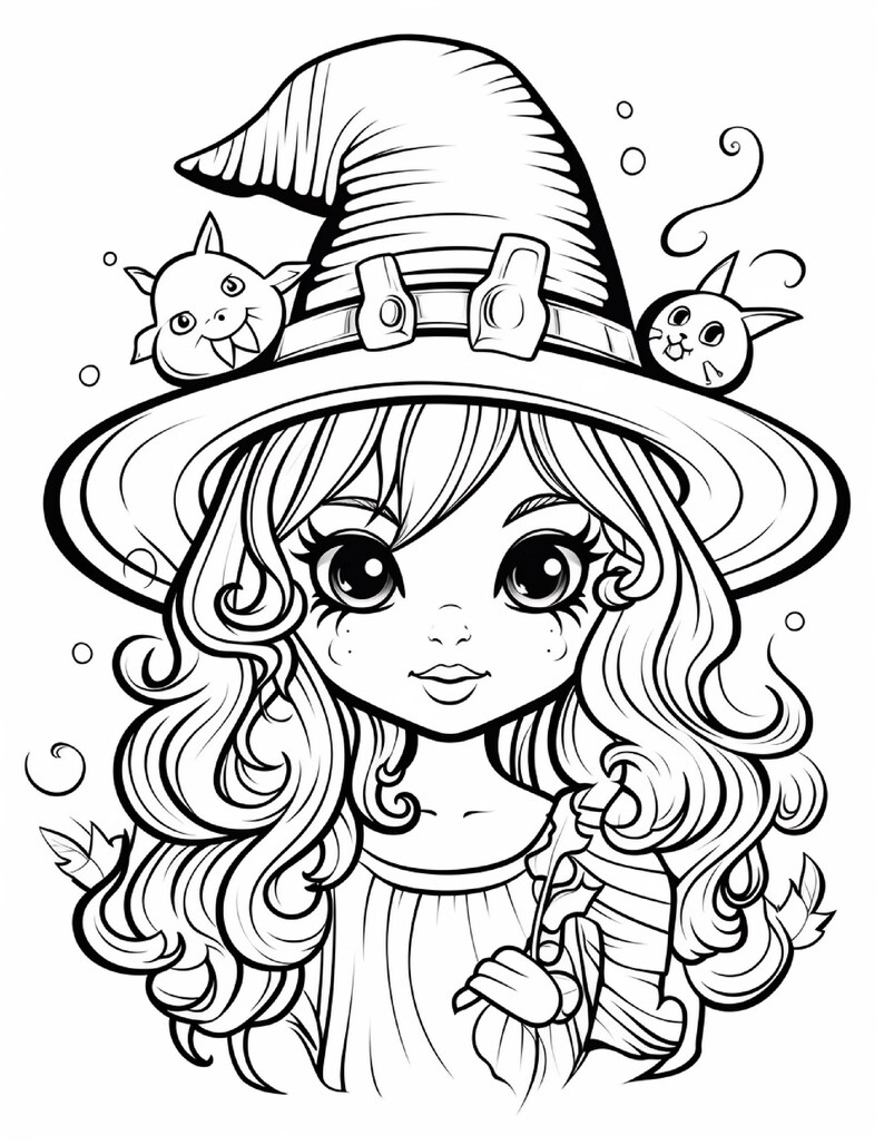 May include: A black and white line art illustration of a character with long wavy hair wearing a wide-brimmed pointed hat. Two small creatures are perched on the hat brim. The character has large eyes and is holding a leaf in one hand.