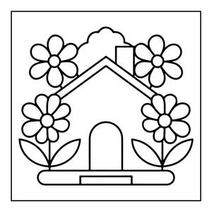 Peut inclure: Une illustration en noir et blanc au trait repr&eacute;sentant une petite maison avec une chemin&eacute;e et une porte arqu&eacute;e. La maison est encadr&eacute;e par quatre grandes fleurs stylis&eacute;es aux p&eacute;tales arrondis et aux feuilles pointues, le tout dans un cadre carr&eacute;.