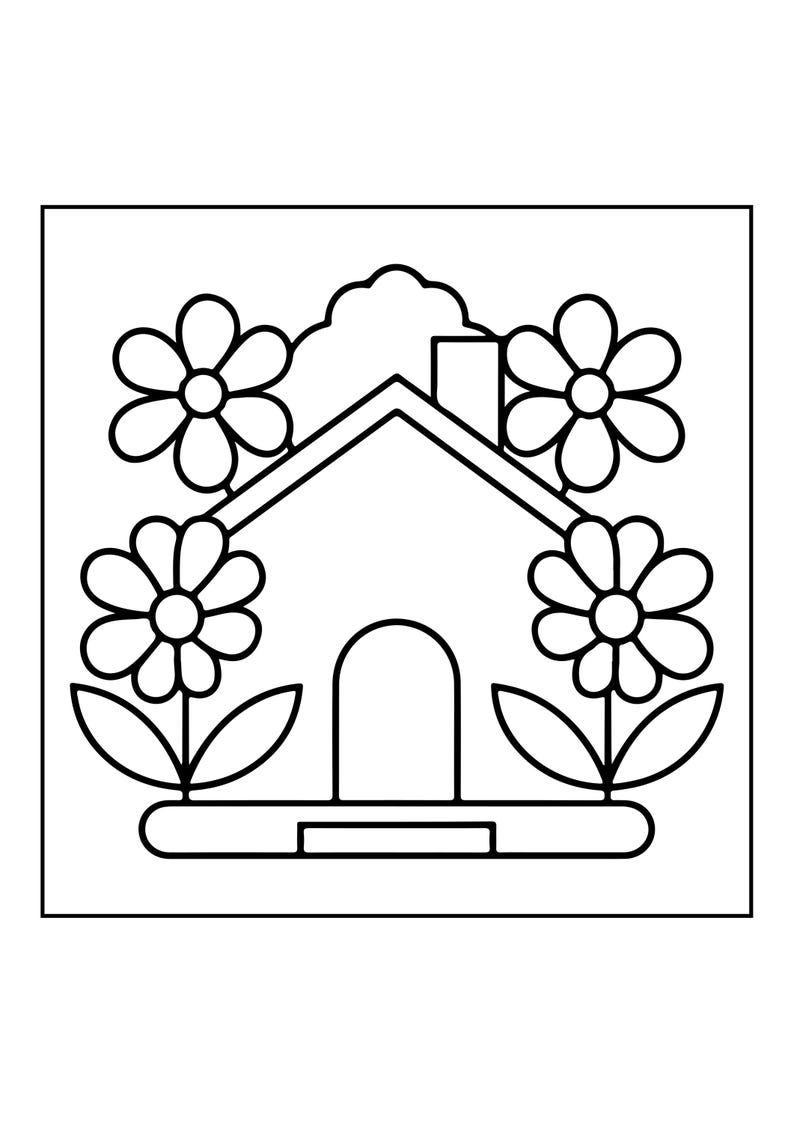Peut inclure: Une illustration en noir et blanc au trait repr&eacute;sentant une petite maison avec une chemin&eacute;e et une porte arqu&eacute;e. La maison est encadr&eacute;e par quatre grandes fleurs stylis&eacute;es aux p&eacute;tales arrondis et aux feuilles pointues, le tout dans un cadre carr&eacute;.
