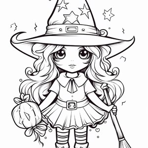 May include: A black and white line art illustration of a character wearing a wide-brimmed witch hat decorated with stars. The character has long wavy hair, a collared dress with a belt, striped socks, and boots, holding a pumpkin and a broomstick.